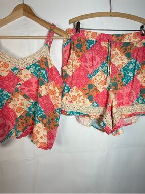 Power 2 The Flower Patchwork Pajama Set Cami Top & Shorts Boho Floral Lace 1X